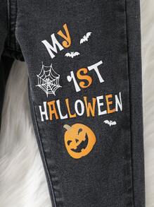 SHEIN 女婴南瓜图案保暖内衬黑色牛仔裤，抓绒加厚服装高弹牛仔裤，秋冬装，万圣节装 - 深灰色 - 查看 6