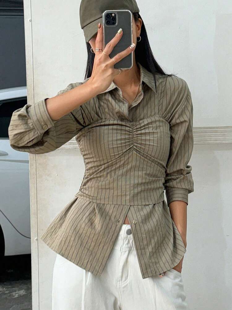 2pcs/Set Women Casual Loose Striped Shirt And Camisole,Fall Clothes