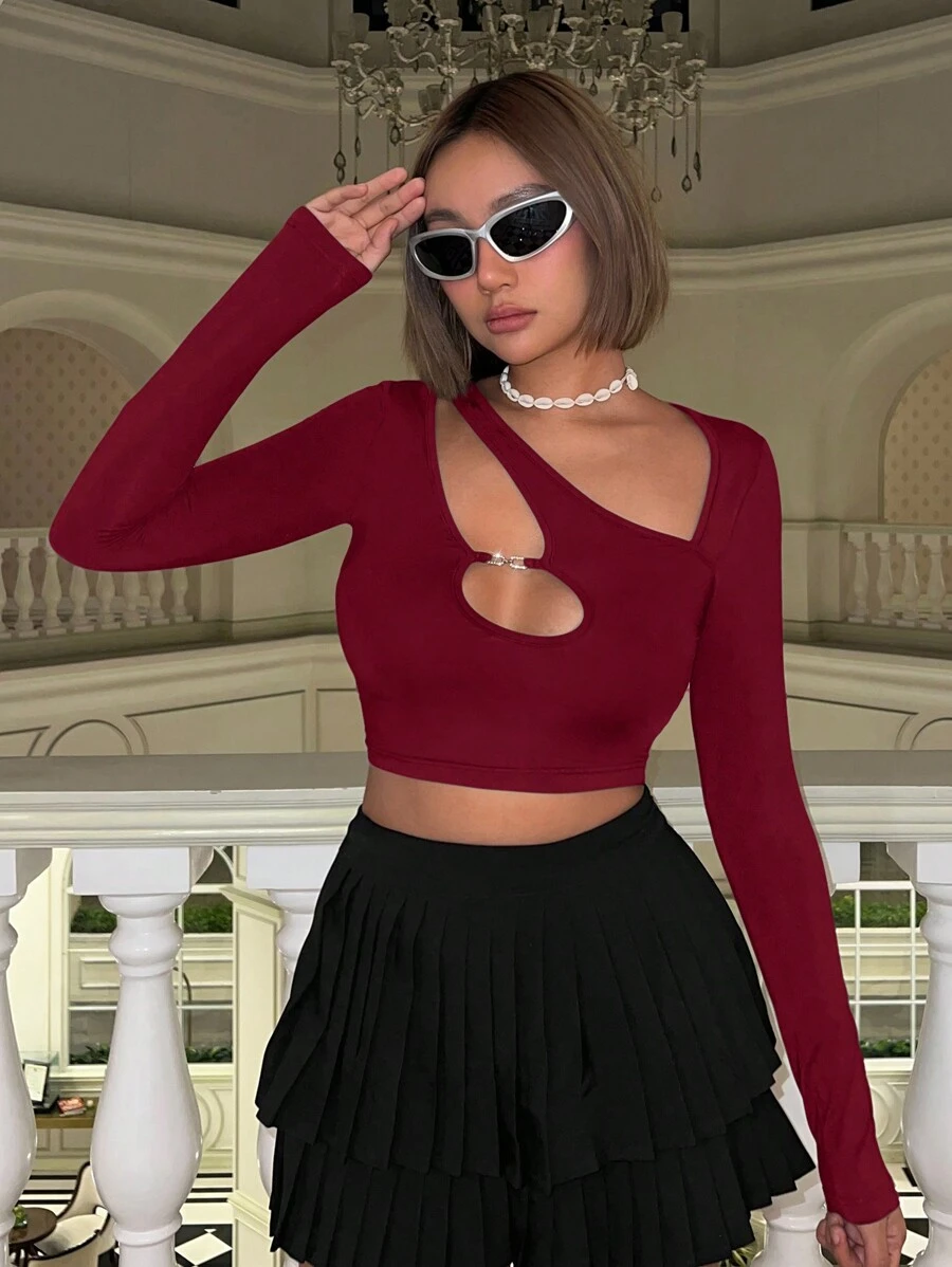 SHEIN ICON Cropped Long Sleeve Tee With Asymmetrical Cutout Neckline - Burgundy - View 1