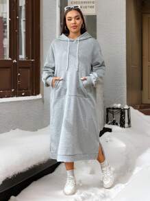 SHEIN EZwear Plus Size Women Gray Long Hooded Sweatshirt Dress With Pockets, Warm Autumn Winter Fall - Grey - View 3