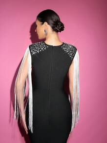 Glamrae Đầm dạ hội bó sát định hình cơ thể bằng đá quý màu đen thủ công thanh lịch và lộng lẫy, dây đeo rộng bất đối xứng, thiết kế tua rua bạc, dành cho khách dự tiệc cưới, tốt nghiệp, tiệc tối - màu đen - Xem 2
