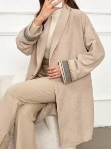 Seusyu Women's Solid Color Splicing Front Button Long Sleeve Simple Casual Regular Jacket - Khaki - View 1