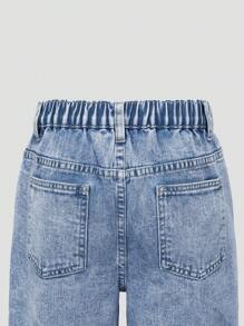 SHEIN Tween Girl 浅水洗蓝色简约百搭喇叭牛仔裤 - 中等水洗藍 - 查看 6