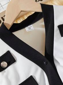 Conjunto de 2 piezas con chaqueta top de color contrastante y pantalón casual largo para niña preadolescente - Blanco y Negro - Ver 5