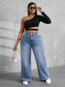 SHEIN PETITE CURVE 大码女式蓝色直筒牛仔裤 夏季度假 90 年代春季 女式 Y2K 牛仔风 女式 狂欢 春假 外出 街头服饰 2000 年代风格 音乐会 拉斯维加斯老钱之夜 女式狂欢节 复活节 女式生日 女式辣妹 单身派对 女式音乐会 外出 宽松牛仔裤