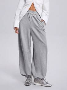 SHEIN EZwear 女士秋冬街头运动灰色慢跑翻边裤 - 淺灰色 - 查看 5