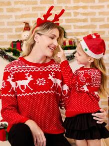 Glamorique Kids Young Girl Casual Fashion Christmas Reindeer Jacquard Knitted Crew Neck Sweater, Suitable For Christmas Party And Daily Wear, Autumn/Winter. ( Family Matching Mommy And Me Are Sold Separately In 4 Pieces) - Red - View 3