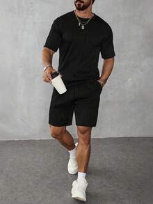 Manfinity Homme 2 件装男士纯色圆领短袖 T 恤和口袋短裤休闲套装 - 黑色 - 查看 5