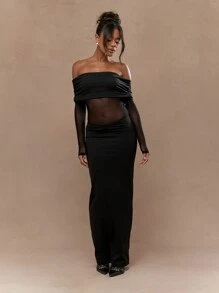 MISSGUIDED Sheer Mesh Long Sleeves Bodycon Bardot Maxi Dress - Black - View 4