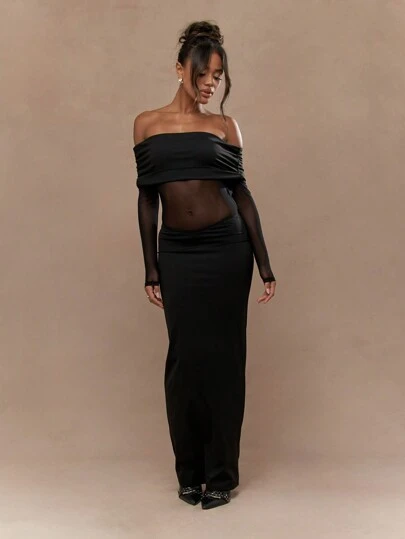 MISSGUIDED Sheer Mesh Long Sleeves Bodycon Bardot Maxi DressMISSGUIDED