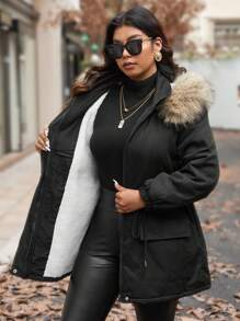 Calvaya 大码纯色前拉链长袖简约毛茸茸装饰连帽派克加厚外套，女士冬季服装 - 黑色 - 查看 7