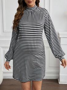 SHEIN Maternity Polka Dot Print Stand Collar Lantern Sleeve Dress