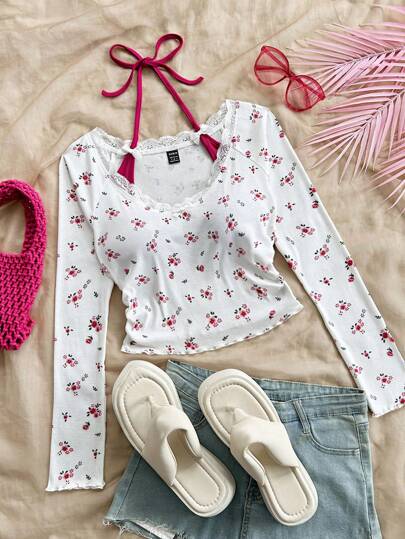 Soleia 大码女式休闲拼色碎花长袖露背修身二合一 T 恤，适合度假、毕业典礼、圣诞派对返校服装秋季服装