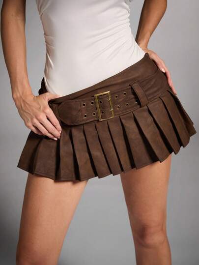 SHEIN BAE Women's Brown Solid Color High Street Versatile Outing/Afternoon Tea Party/Girlfriends Gathering/Rave Party/Club Wear Washed Retro Distressed Leather PU Waist Exquisite Eyelet Eyelet Belt Buckle Design Pleated Mini Skirt Pants Mini Skirt/Brown Leather Skirt/Brown Mini Skirt/Pleated Skirt/