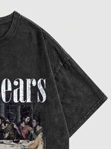 ROMWE MEN Street Life Men's Chafed Acid-Washed T-Shirt With Character & Slogan Design, School - Black - View 4