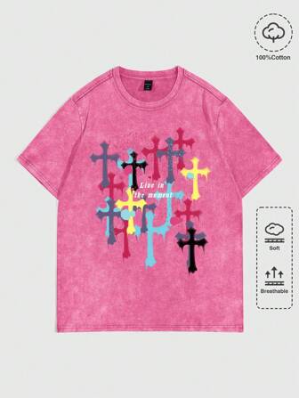 Grunge Punk Camiseta casual de verano para hombres con estampado de lema, cruz y copo de nieve para Halloween, escuela
