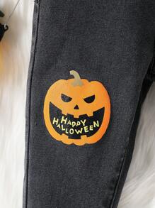 SHEIN 女婴南瓜图案保暖内衬黑色牛仔裤，抓绒加厚服装高弹牛仔裤，秋冬装，万圣节装 - 深灰色 - 查看 7