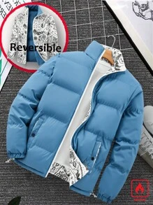 Manfinity Hypemode Men's Thick Padded Reversible Printed Padded Coat With Stand Collar, Warm For Fall Winter, Smoky Blue - Dusty Blue - View 1