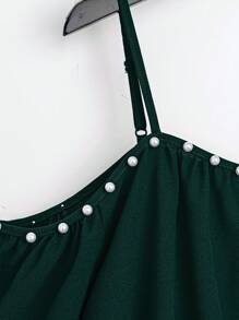 SHEIN Clasi 2件套加大码细肩带仿珍珠装饰简约上衣和印花裤套装 - 墨綠色 - 查看 3