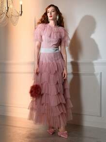 The Great Gatsby x MOTF 多臂织网眼层叠荷叶边饰对比腰部连衣裙 - 藕粉色 - 查看 7