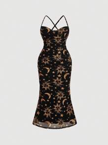 SHEIN MOD Vestido ajustado con pliegues, de talla grande, con estampado de sol y luna, de malla elástica, para mujeres