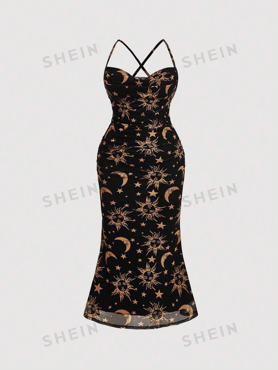 SHEIN MOD Vestido ajustado con pliegues, de talla grande, con estampado de sol y luna, de malla elástica, para mujeres