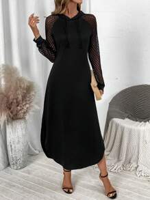 SHEIN Clasi Lace Long Sleeve Dress, Hooded, Dolman Sleeve, Thigh High Slit Fall Cloth For Women - Black - View 5