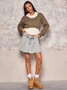 Glamine 2pcs Set Women Solid Round Neck Dropped Shoulder Long Sleeve Cropped Sweater And Sleeveless Polo Neck Knit Top, Autumn Winter - Multicolor - View 3