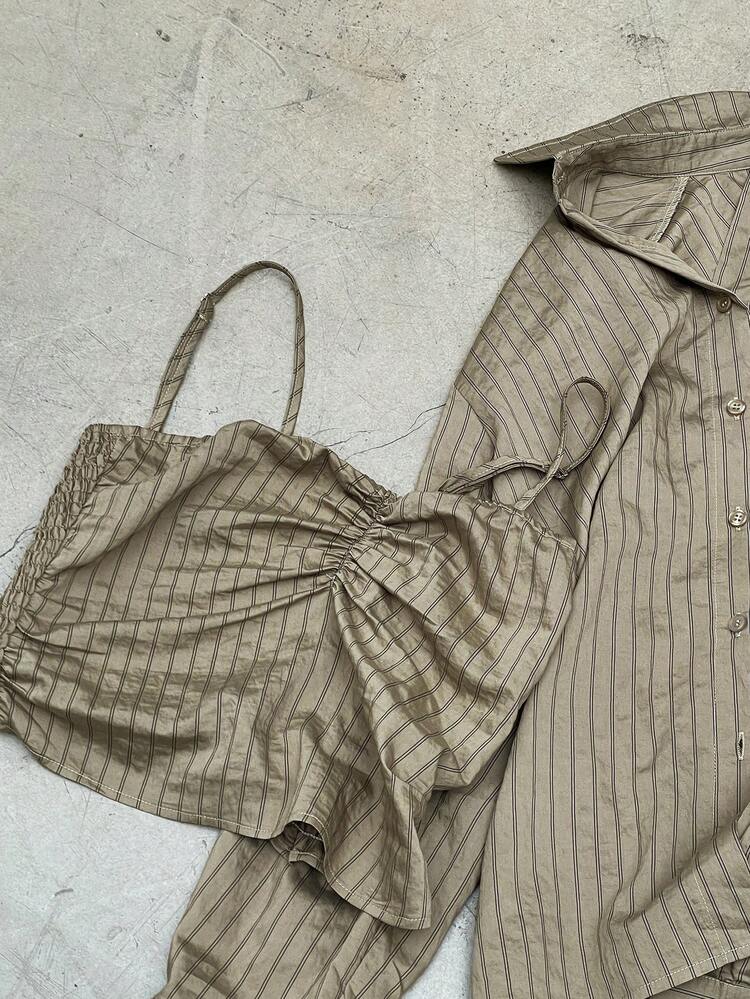 2pcs/Set Women Casual Loose Striped Shirt And Camisole,Fall Clothes