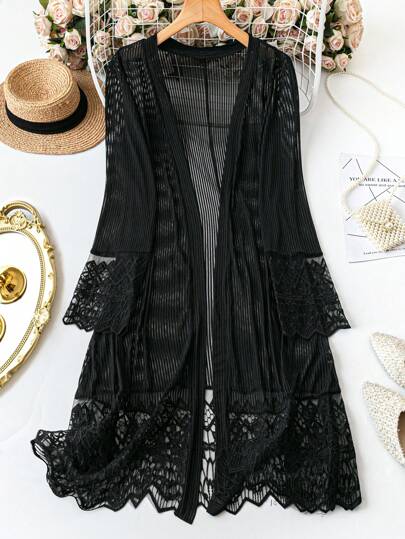 Plus Size Elegant Lace Patchwork långärmad jacka