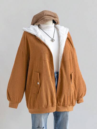 SHEIN EZwear Plus Size Women's Solid Color Dropped Shoulder Long Sleeve Hooded Casual Fleece Jacket, Fall/Winter