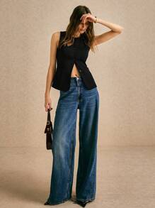 Poéselle ملابس علوية نسائي ذو لون أحادي أمامي بأزرار برقبة مستديرة بدون أكمام، ملابس نسائية للخريف، بلوزات خروج، توب قصير، بلوزات مميزة، رسمية و عادية، ملابس عمل، ملابس مكتبية - الأسود - مشاهدة 2