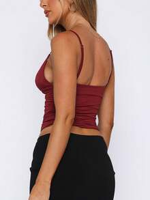 Women Plain V-Neck Sexy Slim Streetwear Spring Summer Vacation Party Club Going Out Camis Crop Top Clothes - Burgundy - View 2