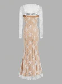 SHEIN Privé Damska biała koronkowa sukienka na ramiączkach spaghetti z długim rękawem i bolerkiem - Biały - Zobacz 8