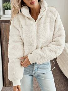 SHEIN LUNE Women's Solid Color Raglan Sleeve Long Sleeve Pocket Zip Front Short Casual Down& Feathers Jacket, Winter