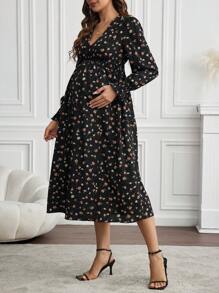 SHEIN 孕妇休闲碎花印花开衩连衣裙，秋季 - 黑色 - 查看 5