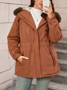 SHEIN LUNE Plus Size Damski zimowy płaszcz z kapturem i ściągaczem w pasie Patchwork Puszysty ocieplany - Brązowy mocha - Zobacz 3