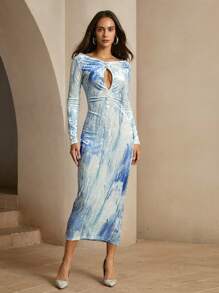 Anewsta Vestido corto ajustado de vacaciones con estampado de teñido anudado y hombros descubiertos sexy