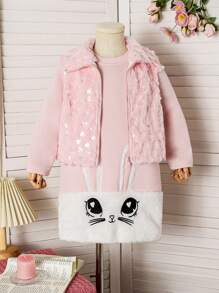 SHEIN 2 pièces/Ensemble Veste à capuche zippée avec imprimé cœur mignon pour filles et robe longue en patchwork doux - Rose bonbon - Voir 1