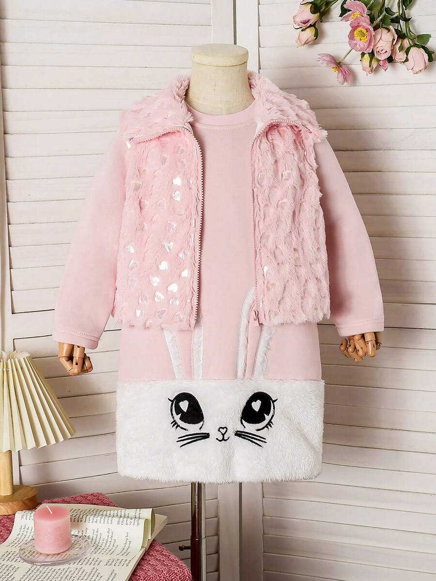 SHEIN 2 pièces/Ensemble Veste à capuche zippée avec imprimé cœur mignon pour filles et robe longue en patchwork doux - Rose bonbon - Voir 1