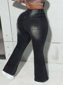 SHEIN SXY 大码女式牛仔裤性感蓝色紧身弹力喇叭牛仔裤冬季牛仔裤保暖牛仔布 - 深色水洗藍 - 查看 6