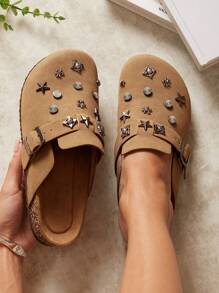 SHUZIA 女式铆钉装饰扣带圆头经典软鞋床粒状灰褐色木屐 - 舒适、百搭、时尚