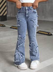 SHEIN Jeans acampanados de denim con patrón de estrellas lavado a piedra y deshilachados para niñas preadolescentes, conjunto de ropa de otoño y atuendos de homecoming para niñas preadolescentes
