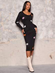 Glamine Women's Ditsy Floral Crew Neck Long Sleeve Sweater Dress