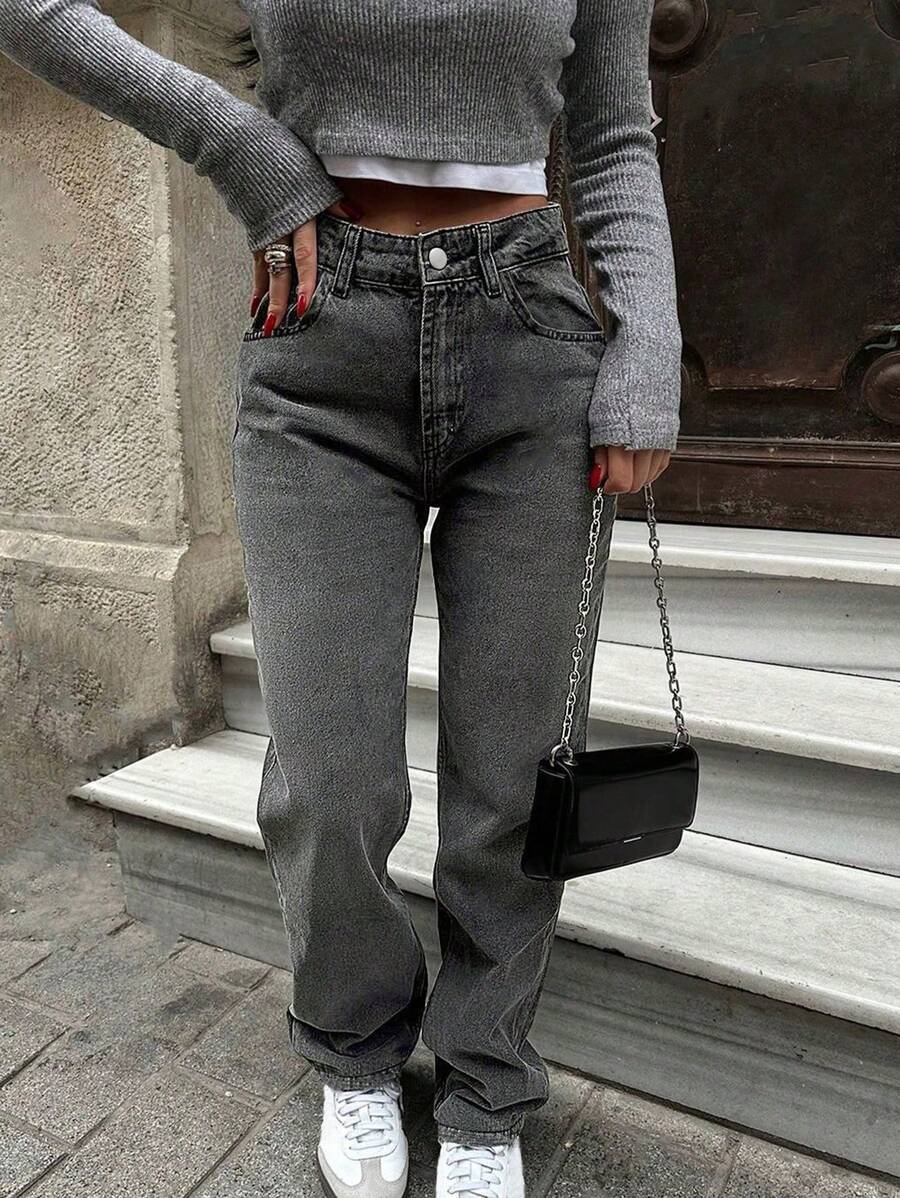 Women's Retro Loose Straight Leg Jeans - 灰色 - 查看 1