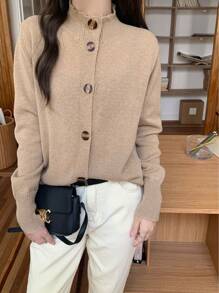 SHEIN LUNE New Loose Knitted Cardigan Stand Collar Short Outerwear Versatile Sweater - Khaki - View 4