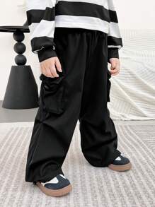 SHEIN 1pc Young Boy Casual Oversized Sweatpants With Pockets, Black Straight Leg Pants For Everyday Wear, Back To School, Fall - Black - View 3