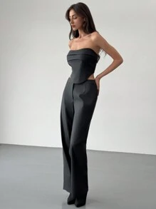 Aloruh 2 件套：时尚露肩紧身胸衣式上衣，配有交叉背带和高腰直筒裤，适合女士 - 黑色 - 查看 4