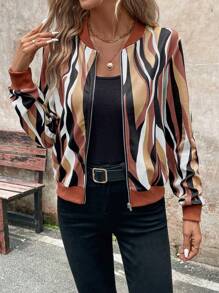 EMERY ROSE 女式几何印花立领拉链休闲/通勤优雅保暖棒球夹克，秋冬 - 彩色 - 查看 6