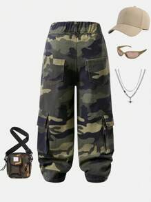 SHEIN 年轻女孩休闲直筒宽松迷彩拼接工装牛仔裤，街头风格裤子 - 軍綠色 - 查看 2